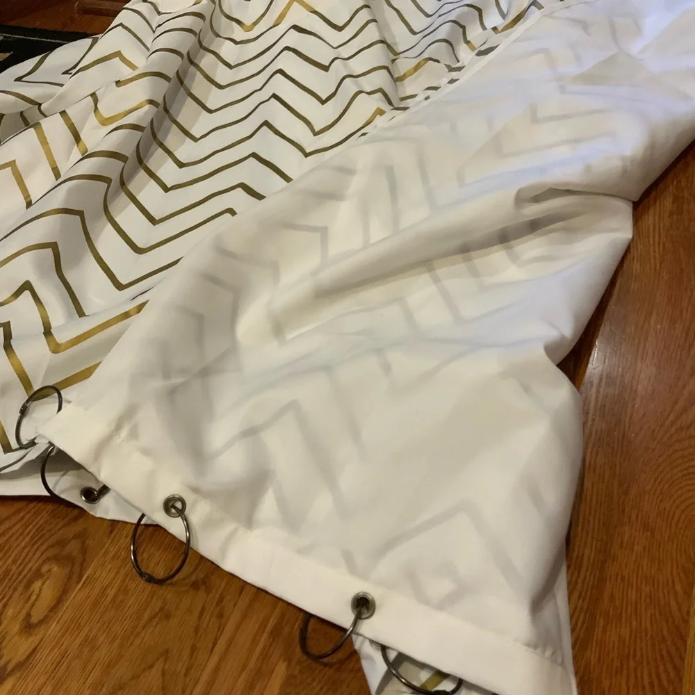 Gold Chevron Patterned Shower Curtain with Liner and Shower Hooks